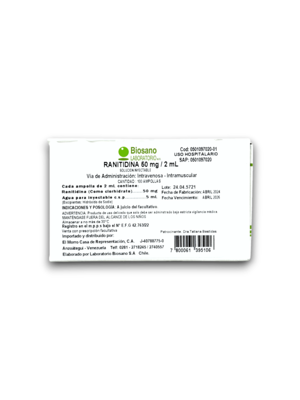 RANITIDINA 50 MG /2 ML AMP (BIOSANO)
