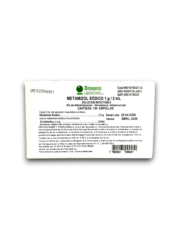 METAMIZOL (DIPIRONA) 1G/2ML  AMP (BIOSANO)